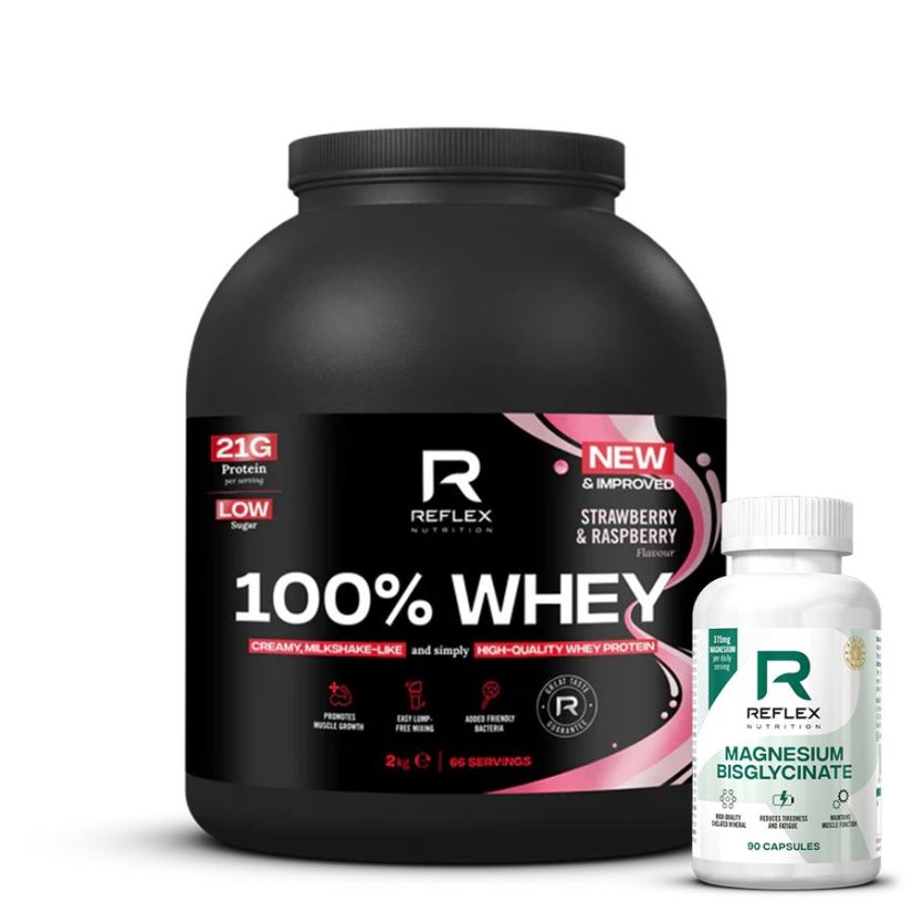 Reflex 100% Whey Protein 2kg + Albion Magnesium 90cps - Velikost balení: 2000 Gramů, Příchuť: Jahoda, Malina