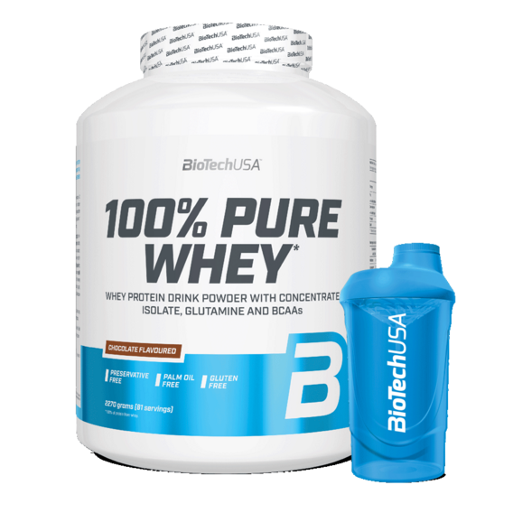 100% Pure Whey 2270g + šejkr BiotechUSA 600ml - Velikost balení: 2270 Gramů, Příchuť: Čokoláda